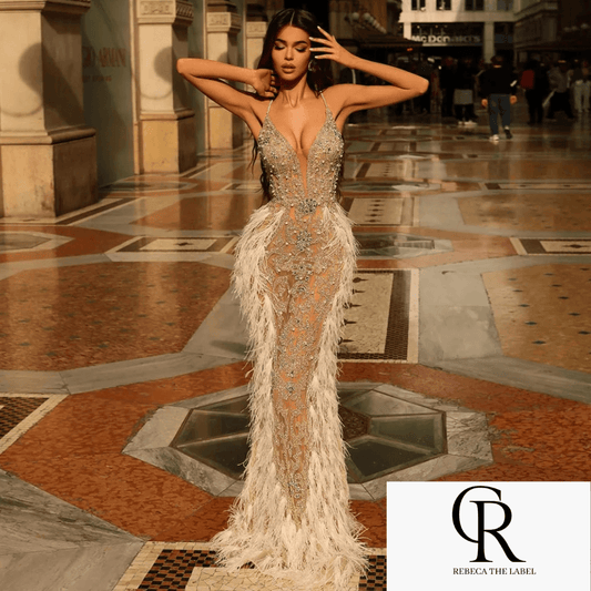 Feathers Mermaid Champagne Evening Dresses - REBECATHELABEL