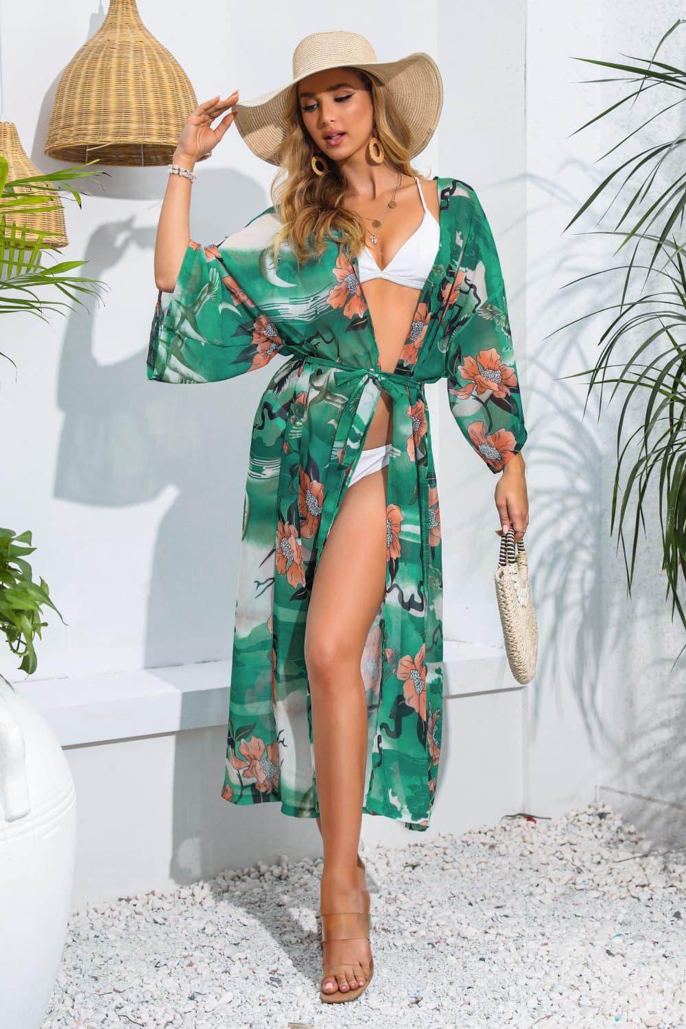 Floral Tie Waist Duster Cover Up - REBECATHELABEL