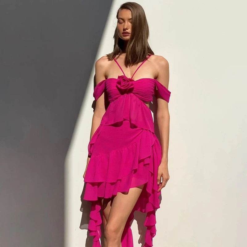 Flower Cutout Draped Dress In Hot Pink - REBECATHELABEL