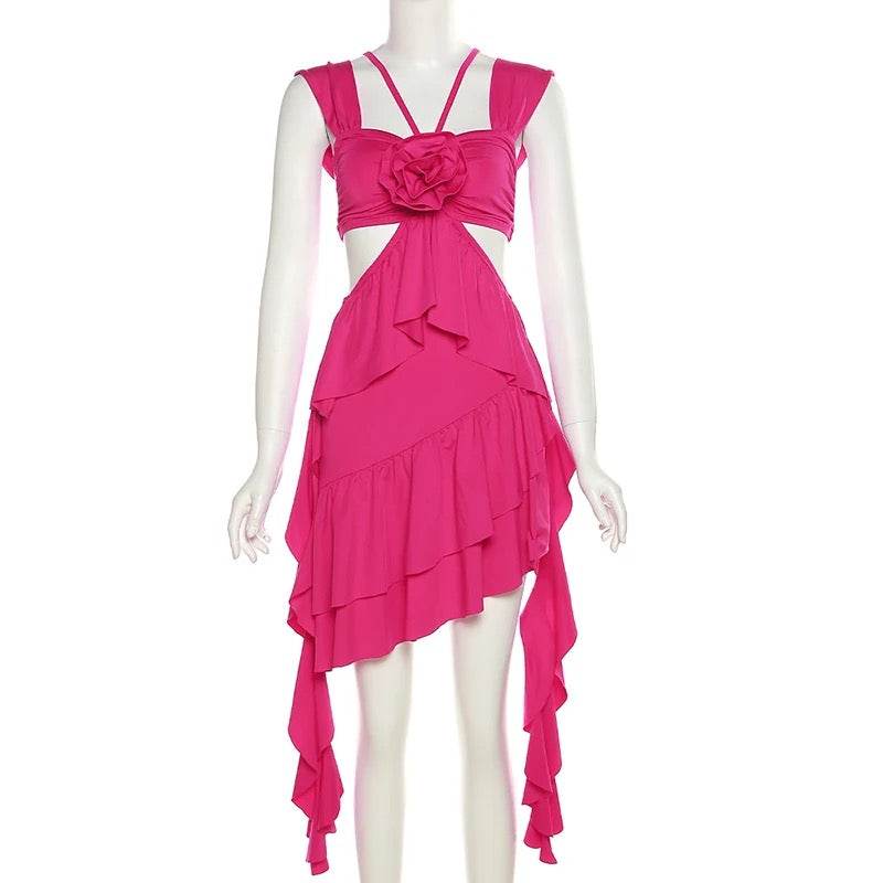 Flower Cutout Draped Dress In Hot Pink - REBECATHELABEL
