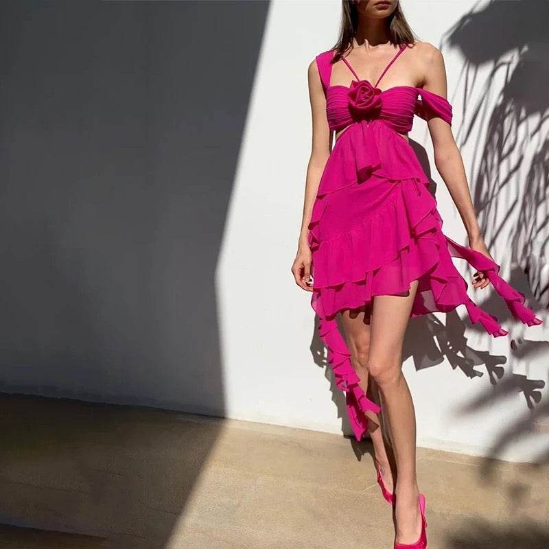 Flower Cutout Draped Dress In Hot Pink - REBECATHELABEL