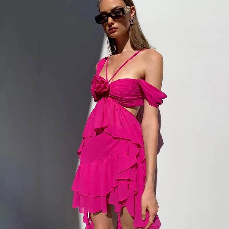 Flower Cutout Draped Dress In Hot Pink - REBECATHELABEL