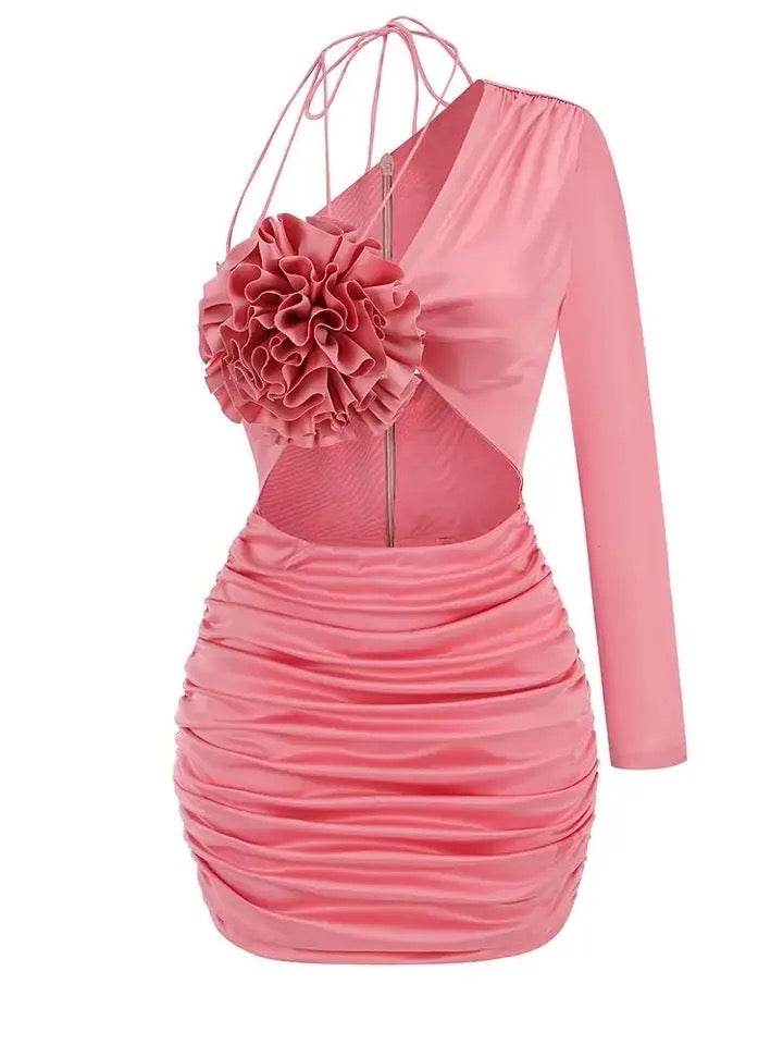 Flower Cutout Ruched Satin Dress - REBECATHELABEL