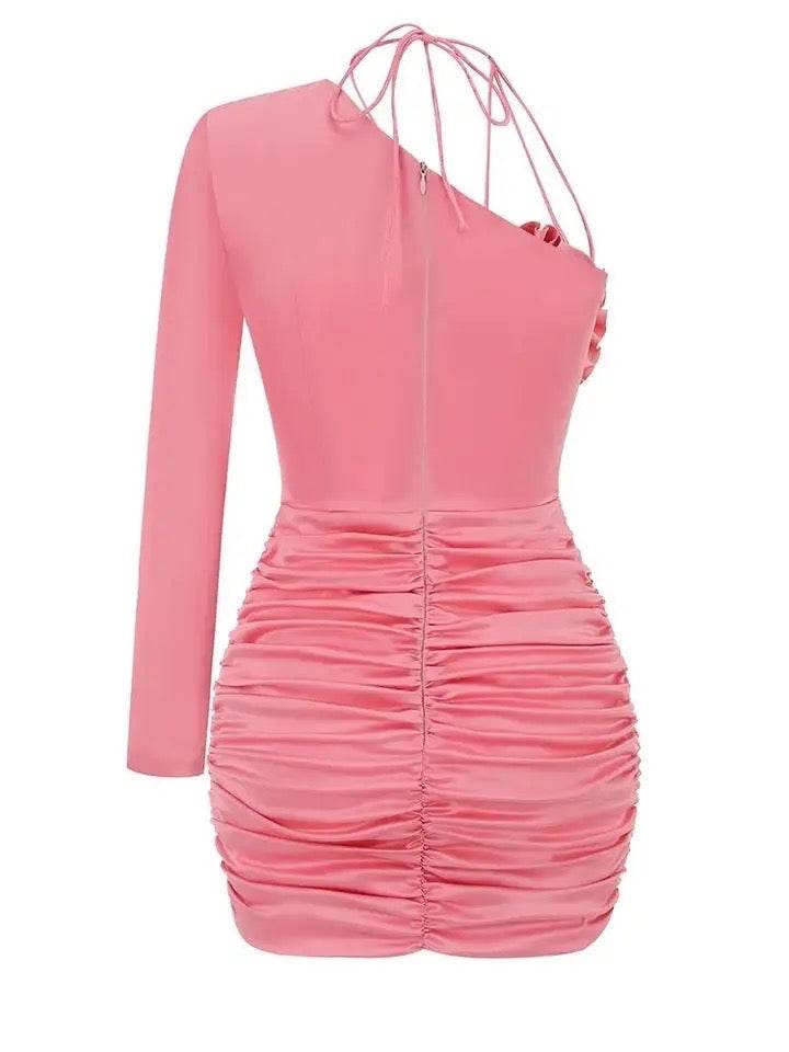 Flower Cutout Ruched Satin Dress - REBECATHELABEL