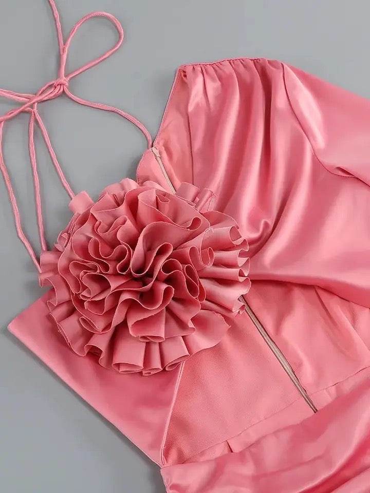 Flower Cutout Ruched Satin Dress - REBECATHELABEL