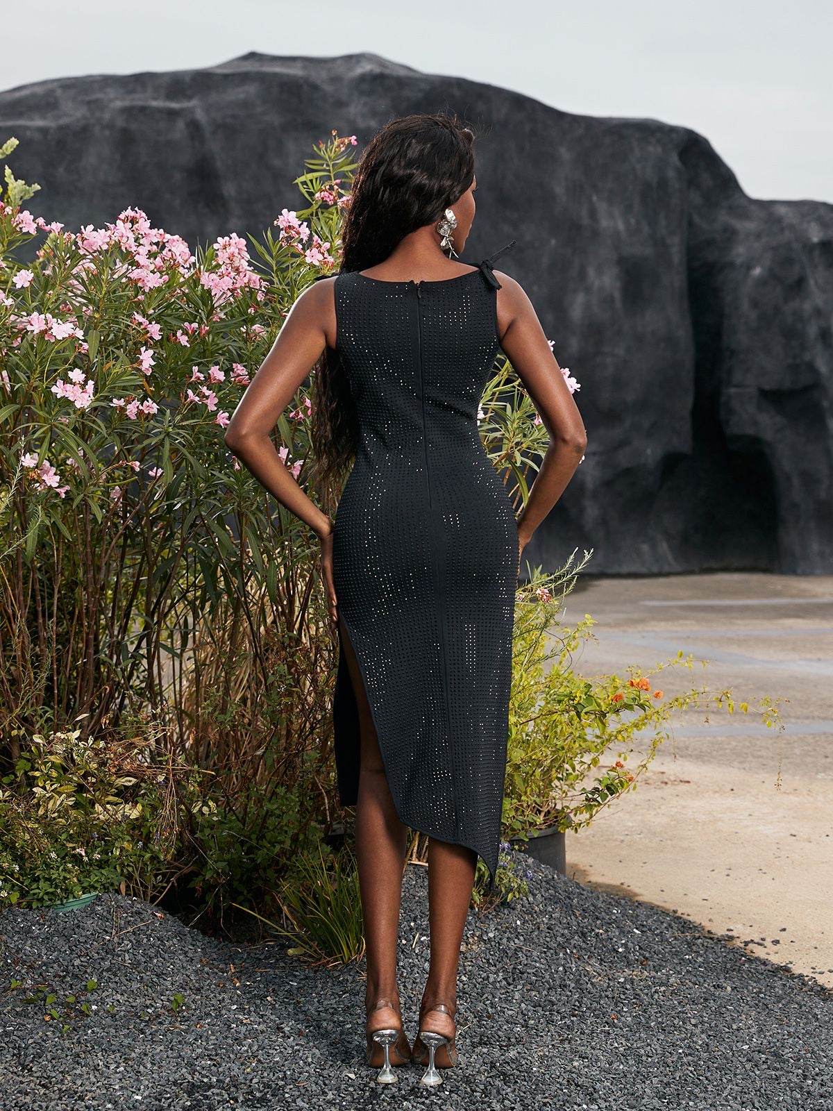 Flower Embellished Bandage Midi Dress In Black - REBECATHELABEL