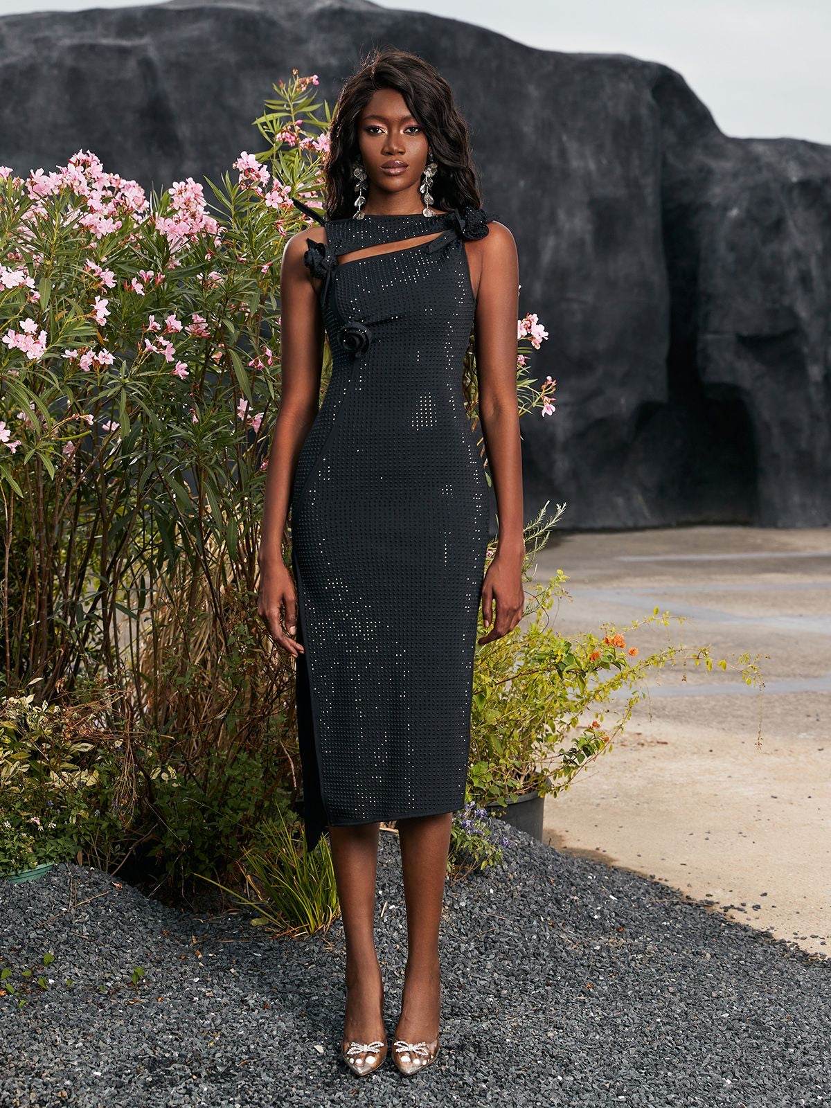 Flower Embellished Bandage Midi Dress In Black - REBECATHELABEL