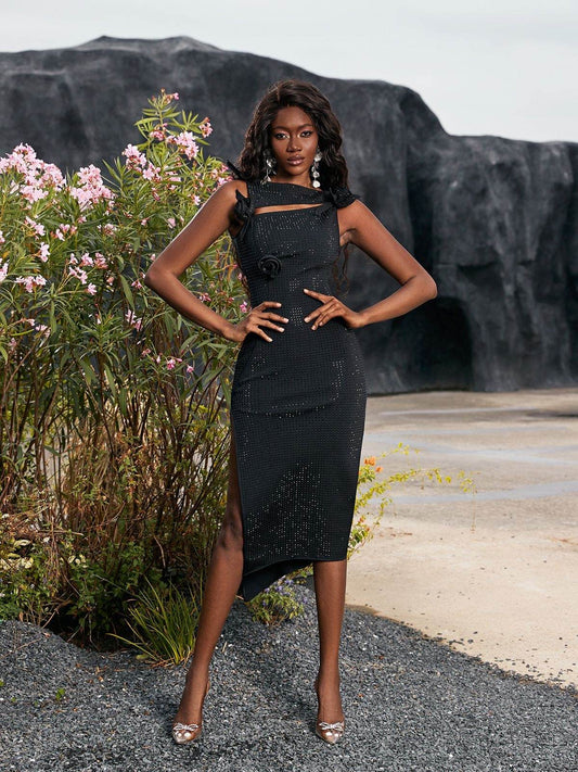 Flower Embellished Bandage Midi Dress In Black - REBECATHELABEL