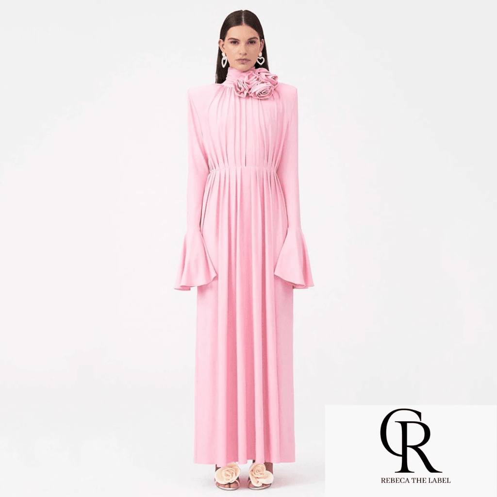 Flower Long Sleeve Sexy Pleated High Split Long Dress - REBECATHELABEL