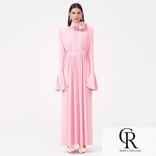 Flower Long Sleeve Sexy Pleated High Split Long Dress - REBECATHELABEL