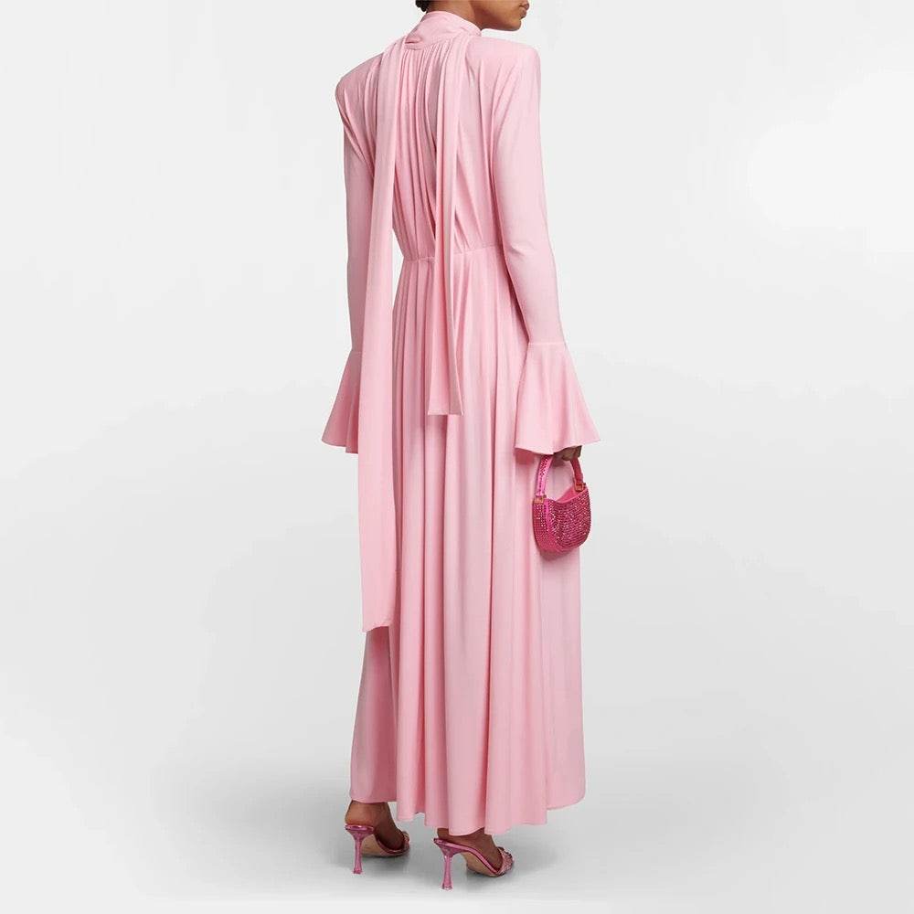 Flower Long Sleeve Sexy Pleated High Split Long Dress - REBECATHELABEL