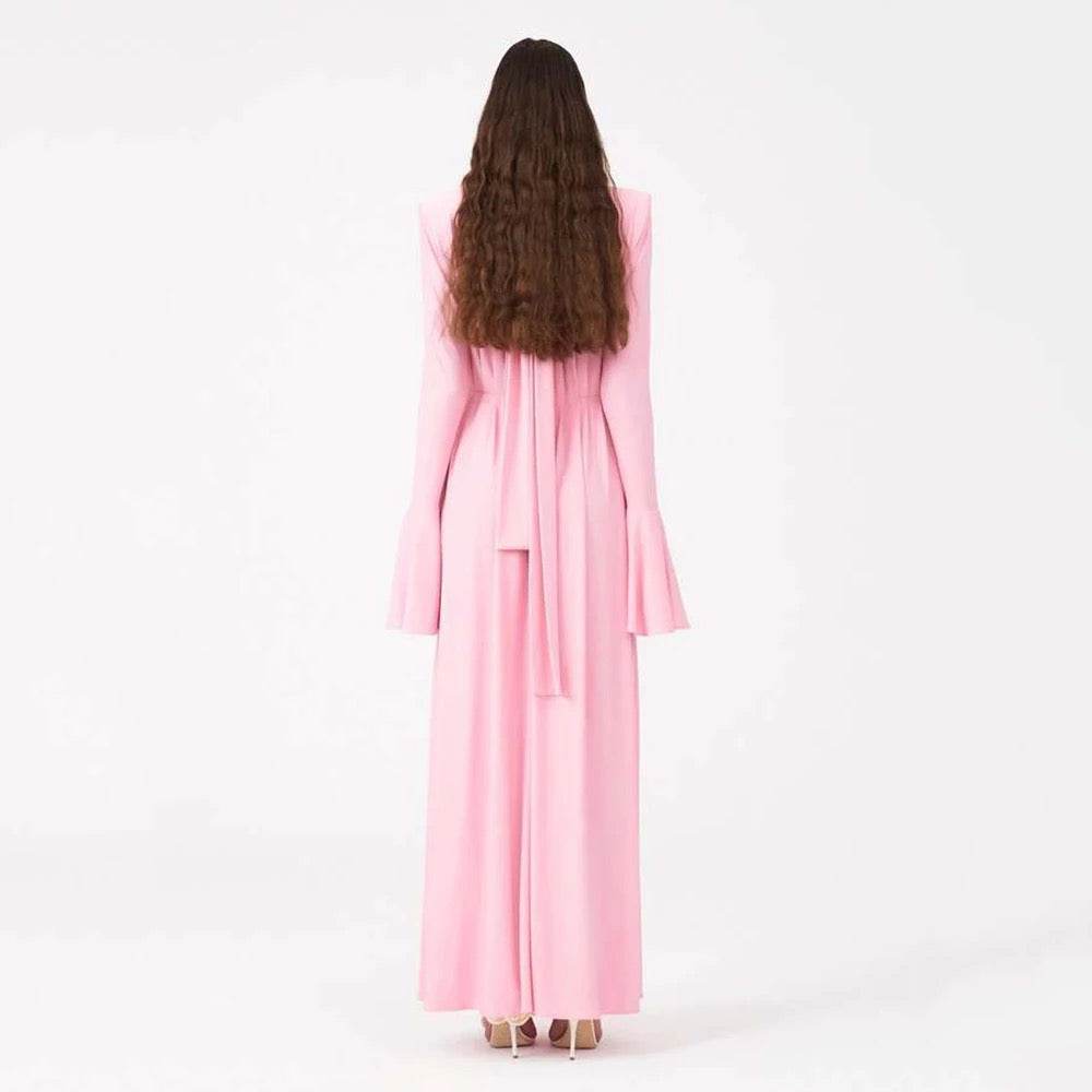 Flower Long Sleeve Sexy Pleated High Split Long Dress - REBECATHELABEL