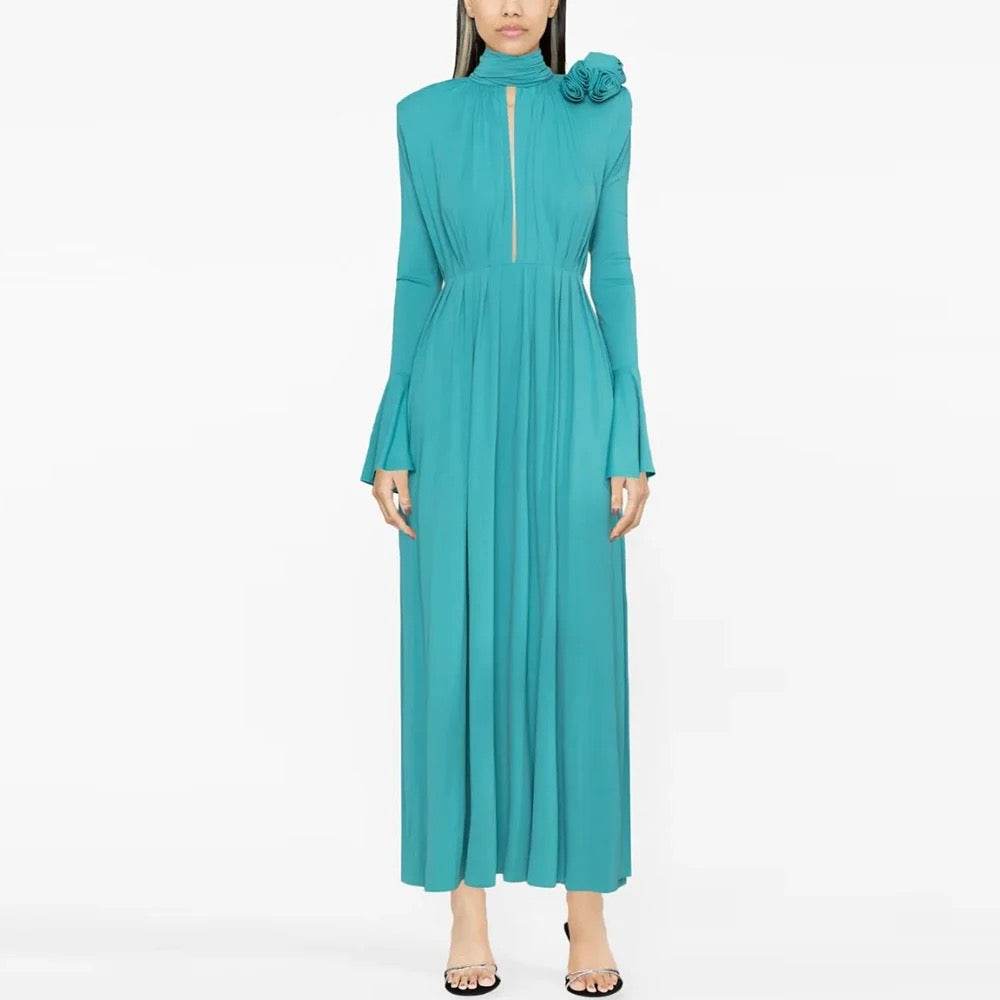 Flower Long Sleeve Sexy Pleated High Split Long Dress - REBECATHELABEL