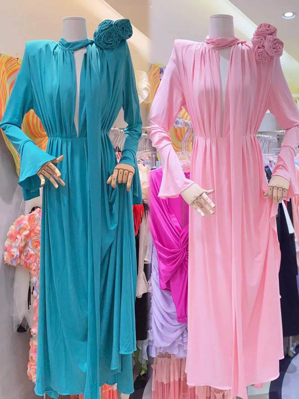 Flower Long Sleeve Sexy Pleated High Split Long Dress - REBECATHELABEL