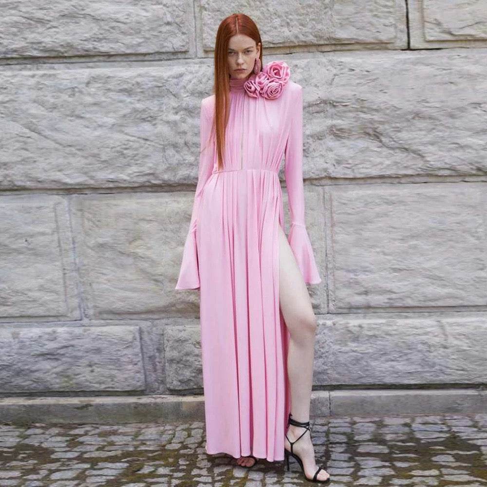 Flower Long Sleeve Sexy Pleated High Split Long Dress - REBECATHELABEL