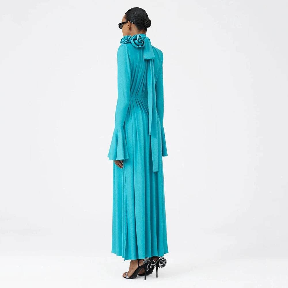 Flower Long Sleeve Sexy Pleated High Split Long Dress - REBECATHELABEL