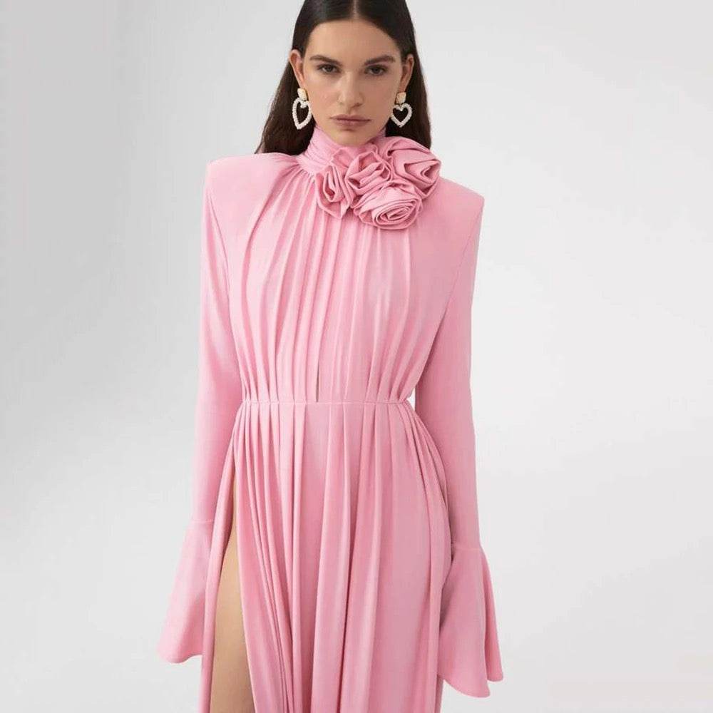 Flower Long Sleeve Sexy Pleated High Split Long Dress - REBECATHELABEL