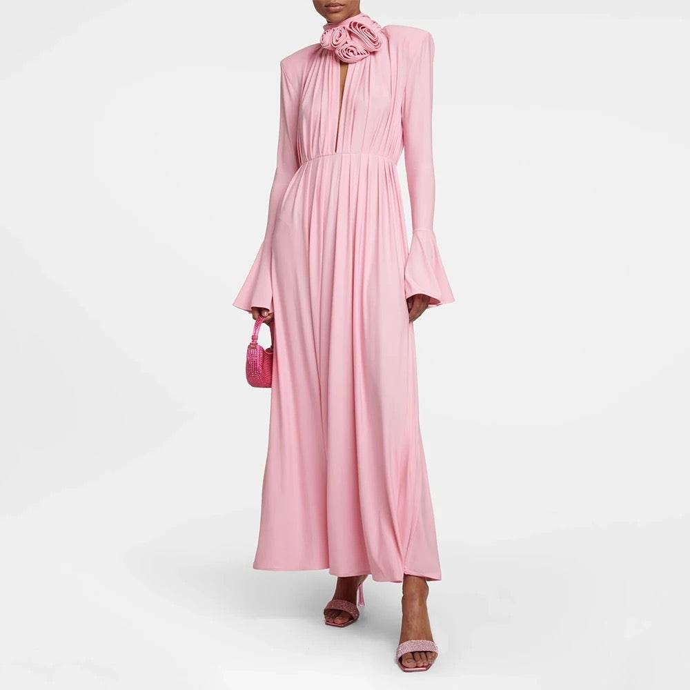 Flower Long Sleeve Sexy Pleated High Split Long Dress - REBECATHELABEL