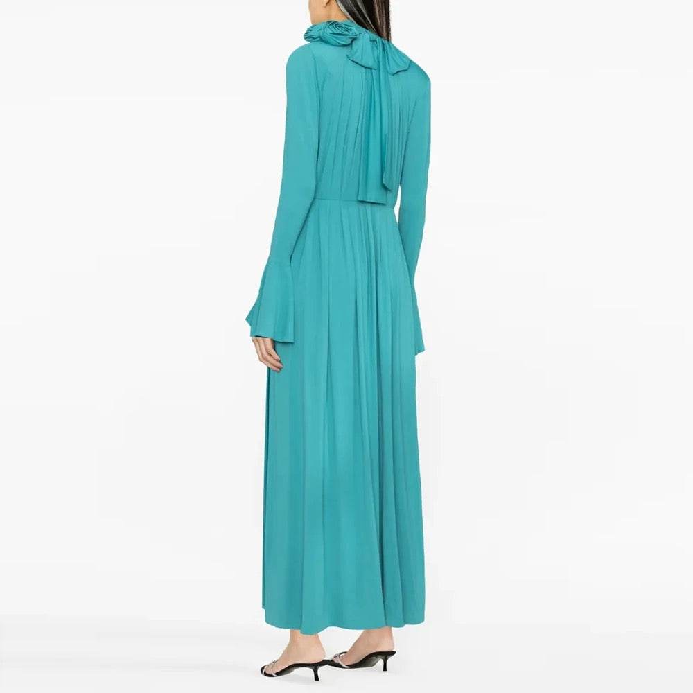 Flower Long Sleeve Sexy Pleated High Split Long Dress - REBECATHELABEL