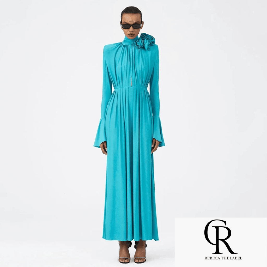 Flower Long Sleeve Sexy Pleated High Split Long Dress - REBECATHELABEL