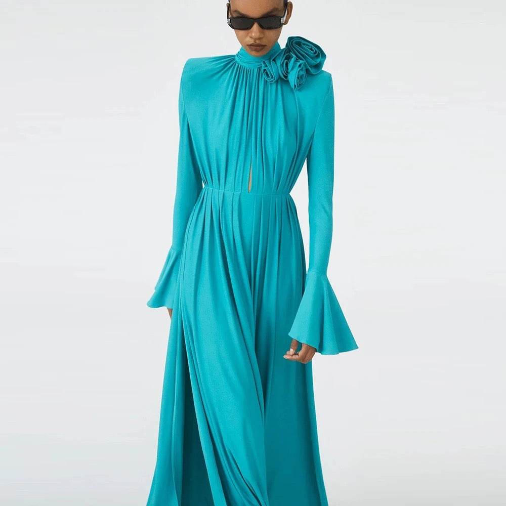 Flower Long Sleeve Sexy Pleated High Split Long Dress - REBECATHELABEL