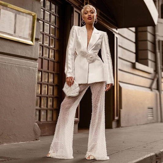 Flower Pearl Slim Fit Handmade Pants Two Piece - REBECATHELABEL