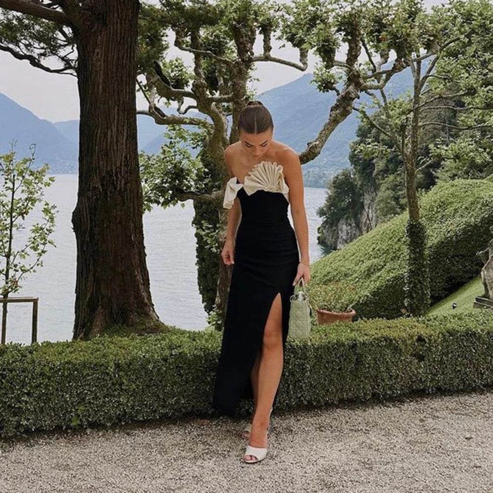 Folding Fan Strapless Sexy Tight Black and White Bandage - REBECATHELABEL