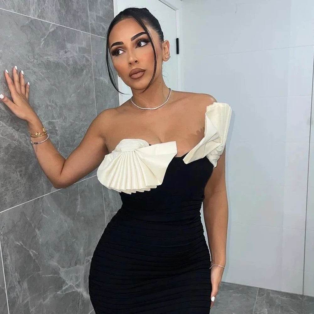 Folding Fan Strapless Sexy Tight Black and White Bandage - REBECATHELABEL