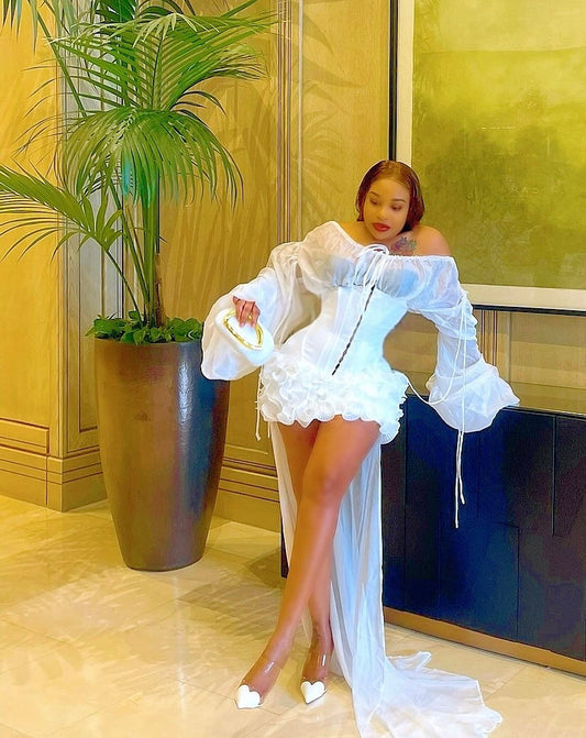 White Train Ruffled Corset Mini Dress