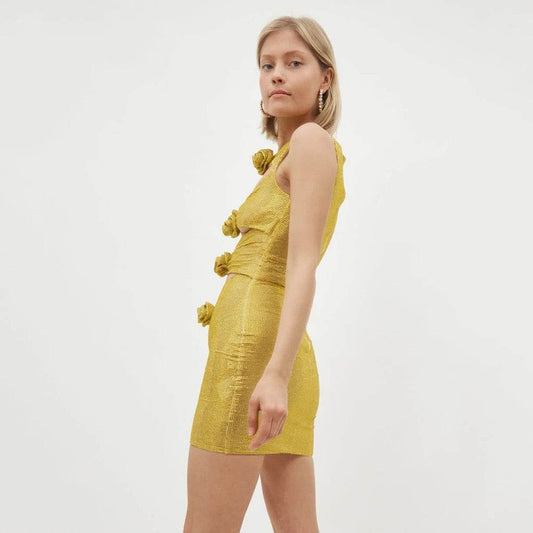 Gold Sexy Diamond Flower Hollow Sleeveless Mini Dress - REBECATHELABEL