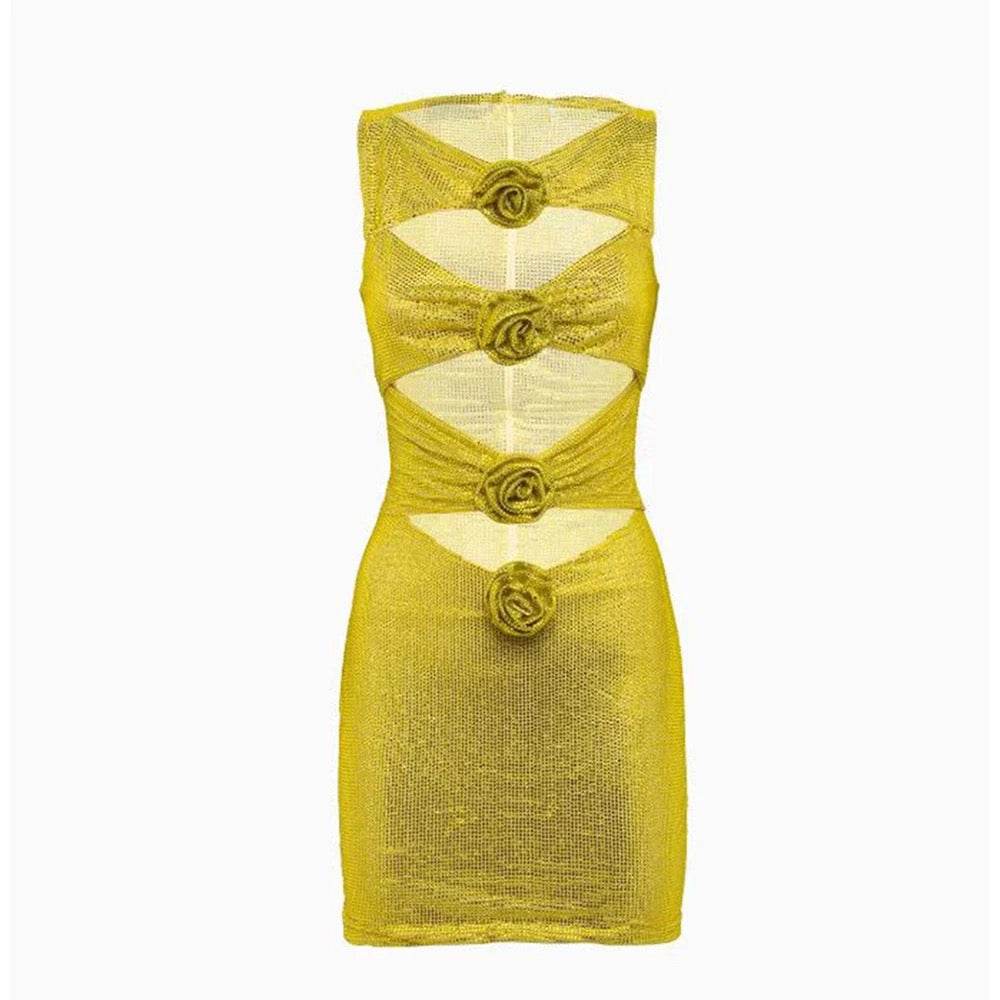 Gold Sexy Diamond Flower Hollow Sleeveless Mini Dress - REBECATHELABEL