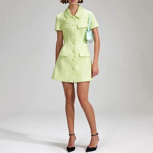 Green Woolen Waist Slimming Dress - REBECATHELABEL