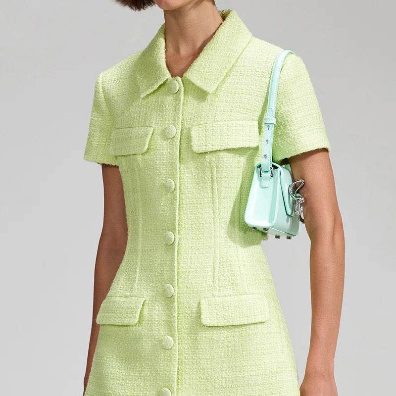 Green Woolen Waist Slimming Dress - REBECATHELABEL