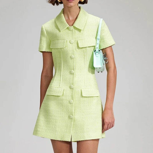 Green Woolen Waist Slimming Dress - REBECATHELABEL