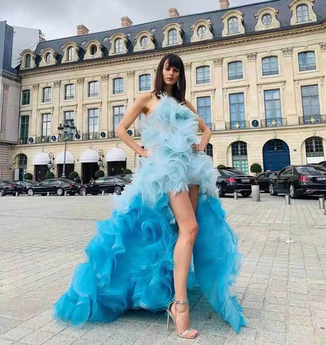 HALLIE EXAGGERATED RUFFLE SPLIT HEM DRESS - REBECATHELABEL