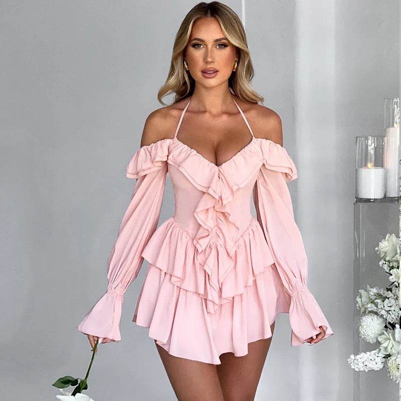 Halter Neck Long Sleeve Short Dress - REBECATHELABEL