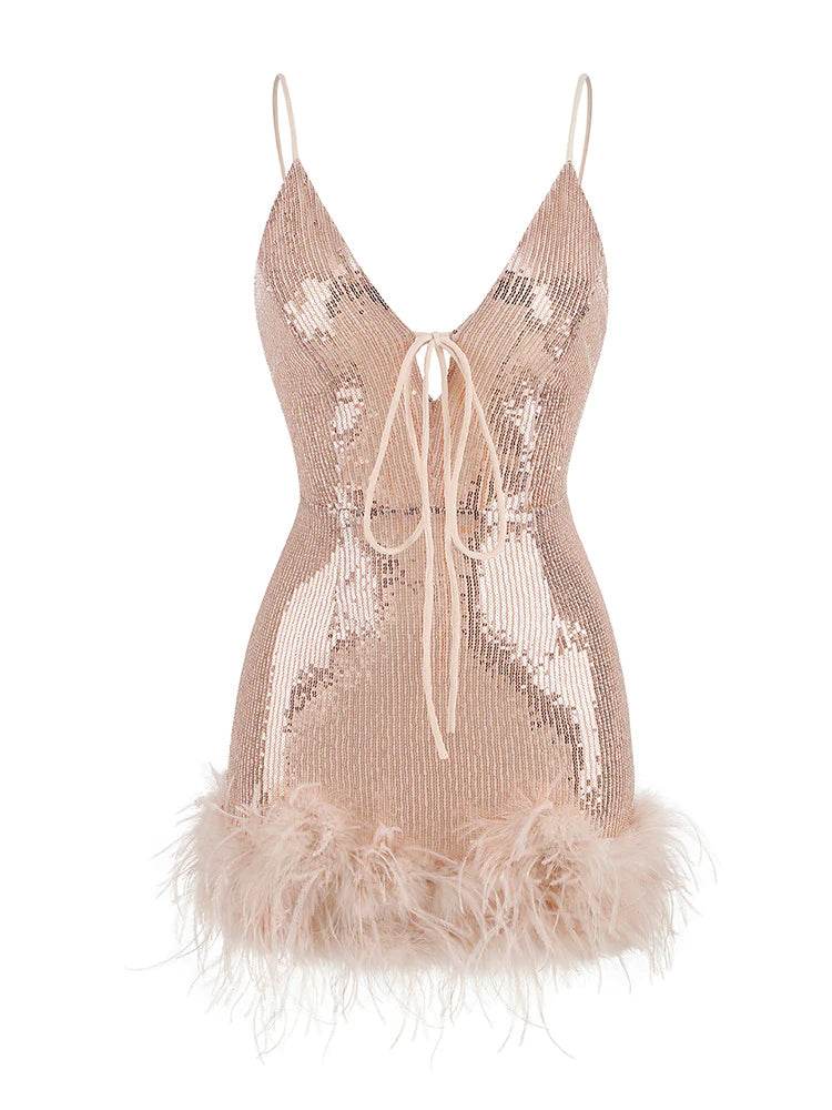 Halter Sequin Feather Mini Dress - REBECATHELABEL