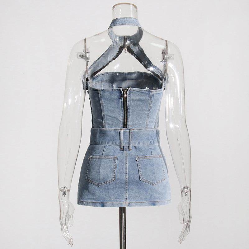 Halter off the Shoulder Short Denim set - REBECATHELABEL