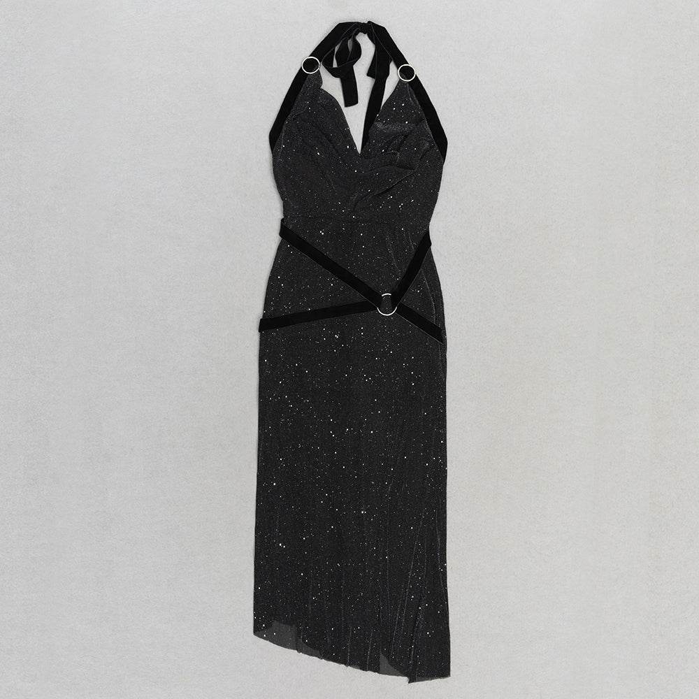 Hanging Neck Sparkling Sequined Long Dress - REBECATHELABEL