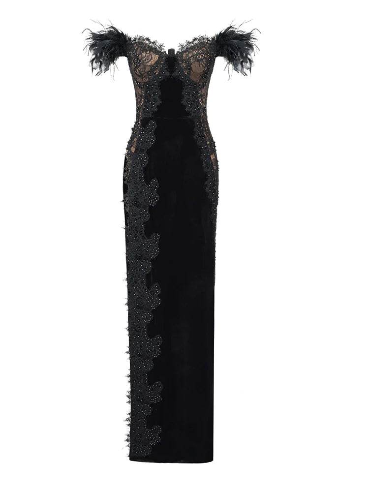 High Split Off The Shoulder Velvet Dress - REBECATHELABEL