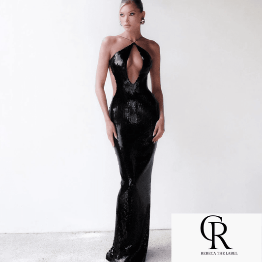 Hollow Back Black Sequin Long Dress - REBECATHELABEL