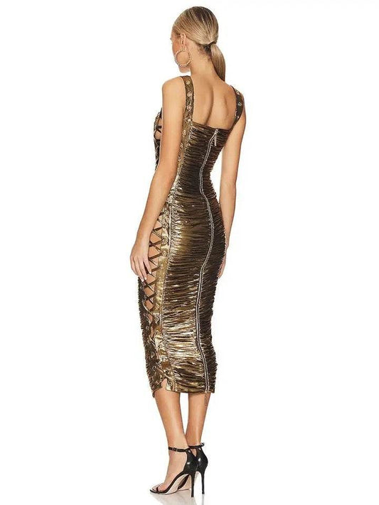 Hollow Knit Lace up Tight Mimi Midi Dress - REBECATHELABEL