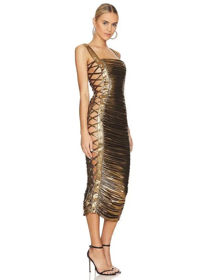 Hollow Knit Lace up Tight Mimi Midi Dress - REBECATHELABEL