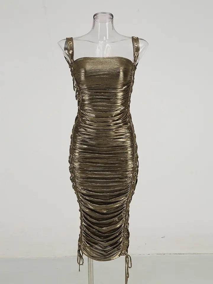 Hollow Knit Lace up Tight Mimi Midi Dress - REBECATHELABEL