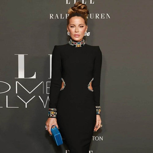 Hollow Long sleeved High necked Diamond Tight Mini Dress - REBECATHELABEL