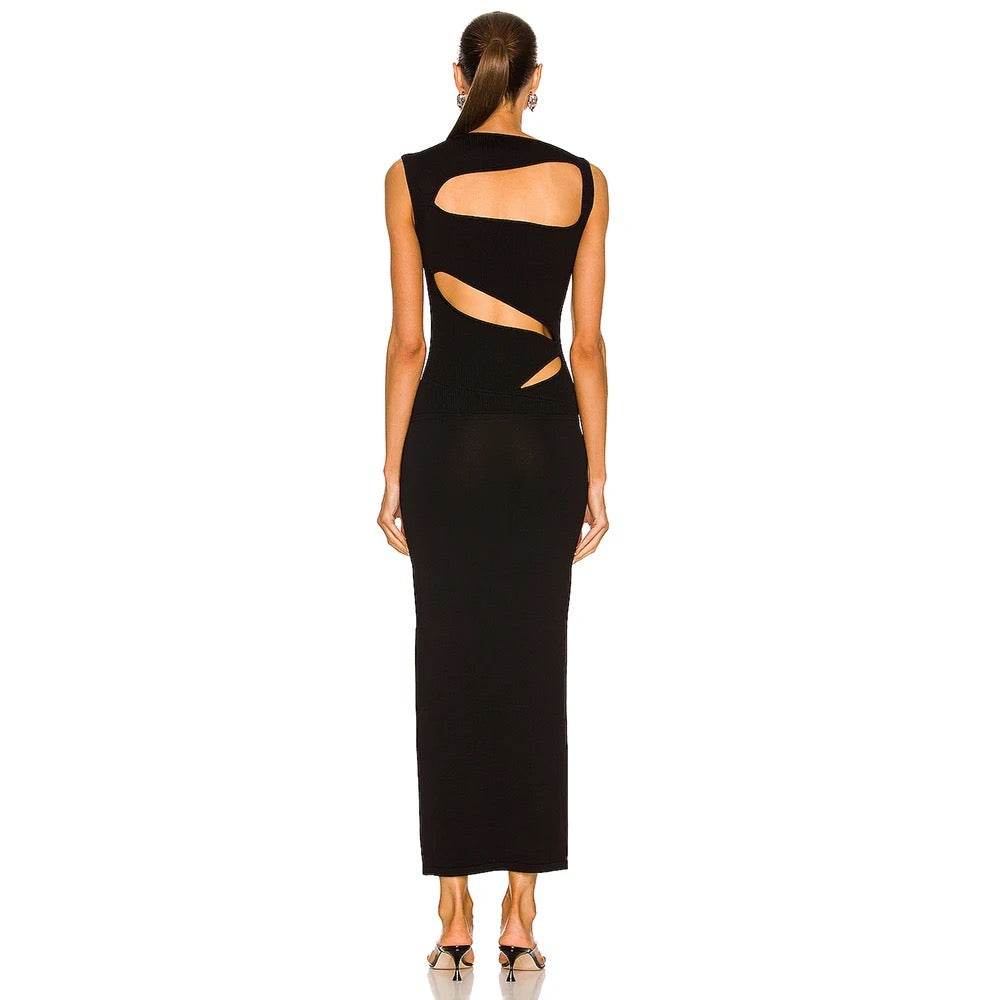 Hollow out Round Neck Tight Bandage Long Dress - REBECATHELABEL