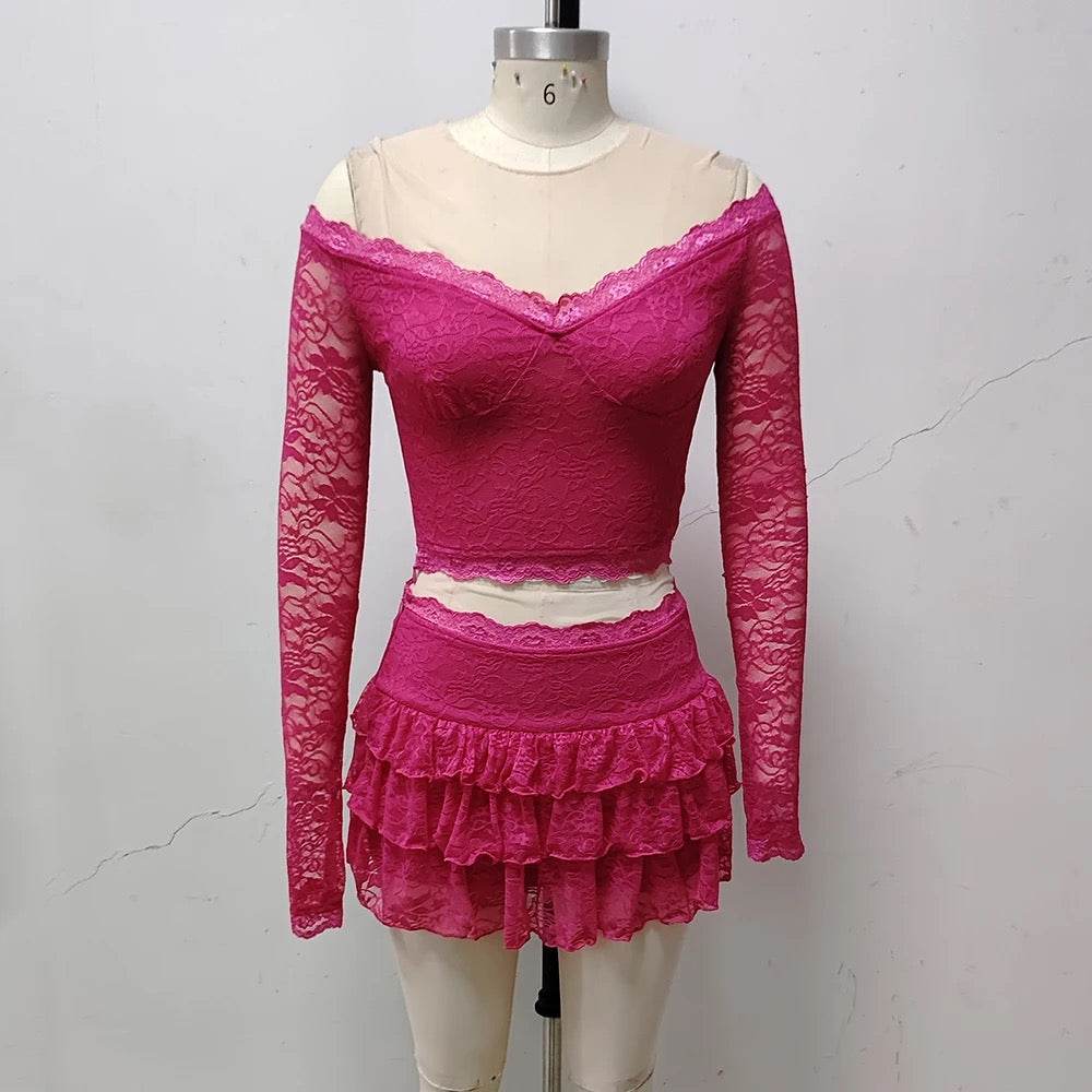Short Top Mini Skirt Party Lace Set - REBECATHELABEL