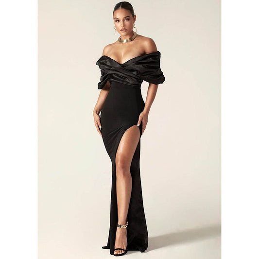 Satin Pleated Off Shoulder Split Formal Ball Dress - REBECATHELABEL