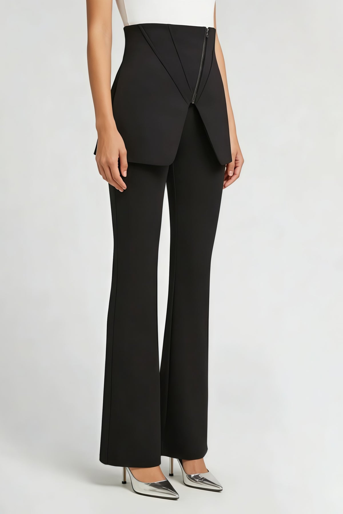 Black Diagonal-Zip Flared Trousers