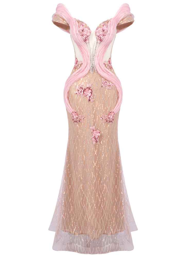 Bardot Floral Sequin Maxi Dress Nude Pink